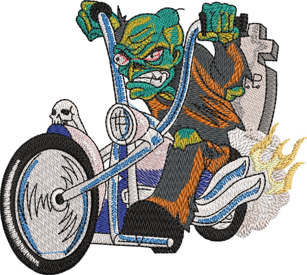 Fierce Green Monster Riding a Chopper-Style Motorcycle Unisex Terry Oversized Tee