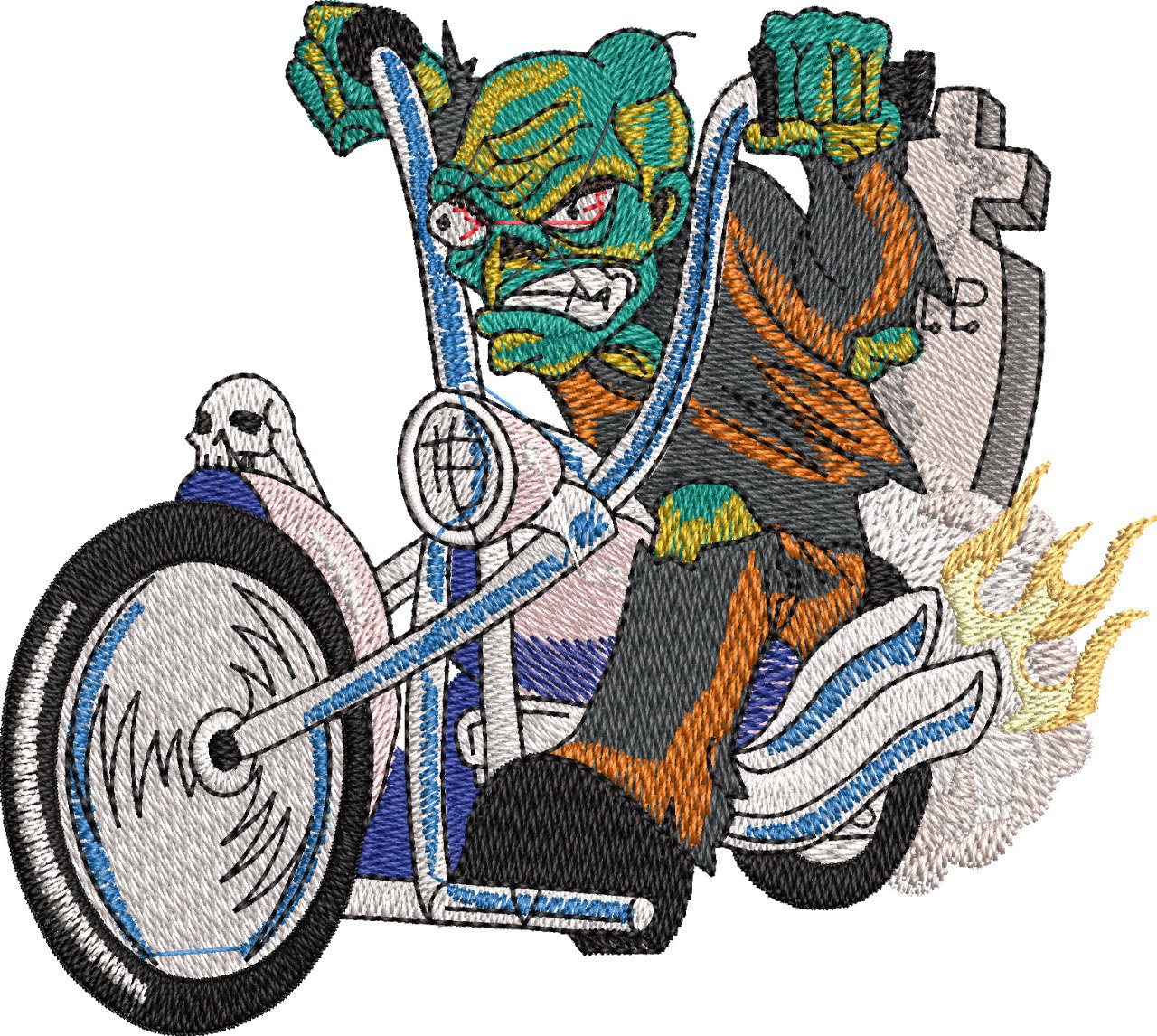 Fierce Green Monster Riding a Chopper-Style Motorcycle Unisex Terry Oversized Tee