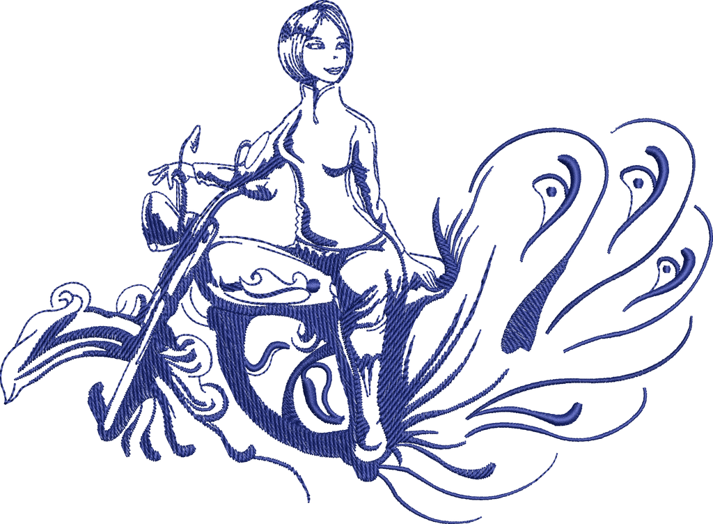 Blue Line-Style Embroidery Design of a Woman Riding a Stylized MotorcycleUnisex Oversized Classic T-Shirt