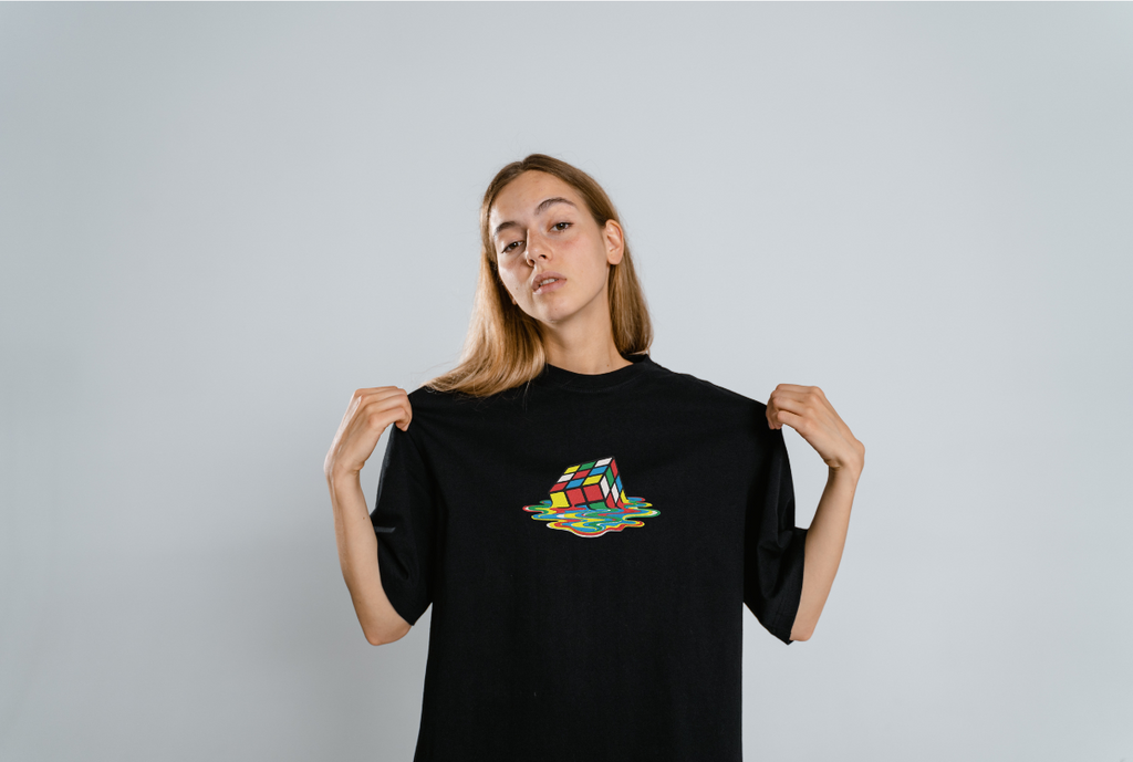 Embroidery Design of a Melting Rubik’s Cubev Unisex Oversized Classic T-Shirt