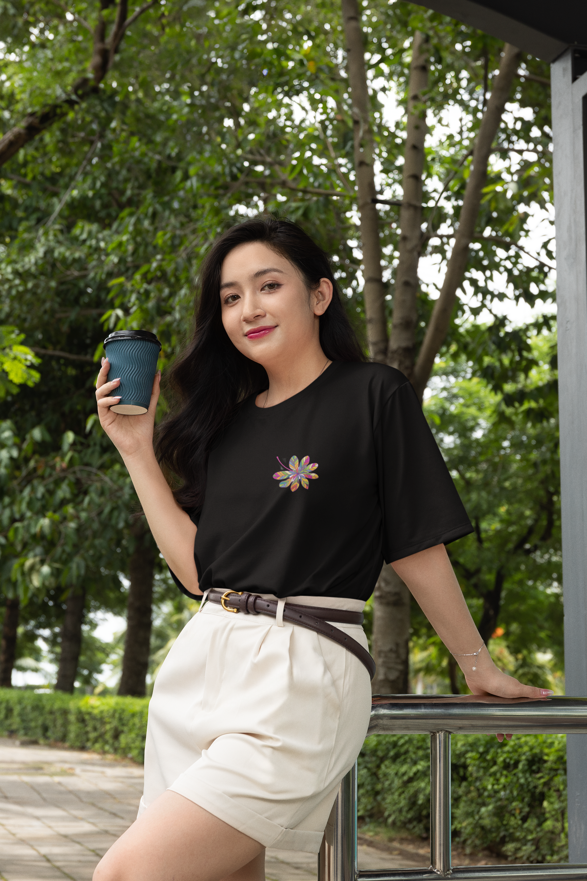 Stylized Leaf Composed of Multicolored Segments Unisex Oversized Classic T-Shirt