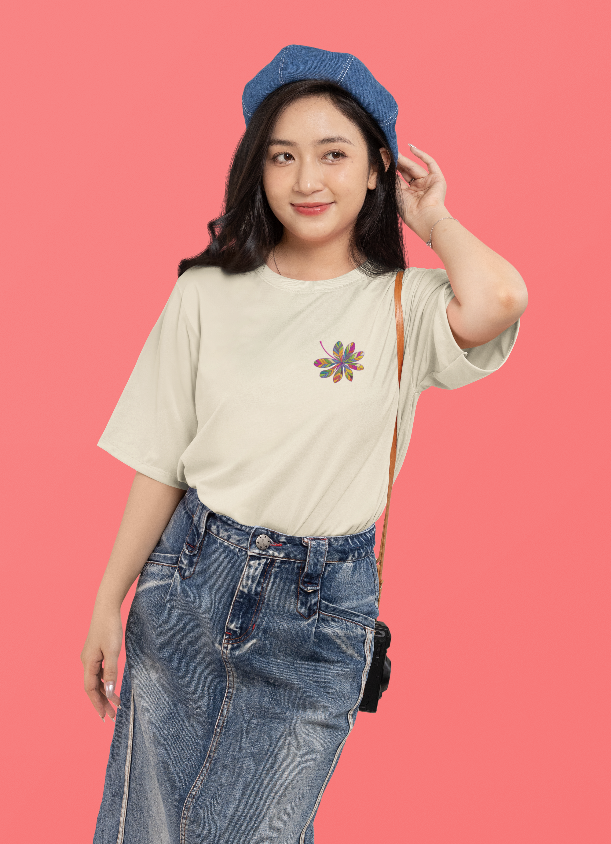 Stylized Leaf Composed of Multicolored Segments Unisex Oversized Classic T-Shirt