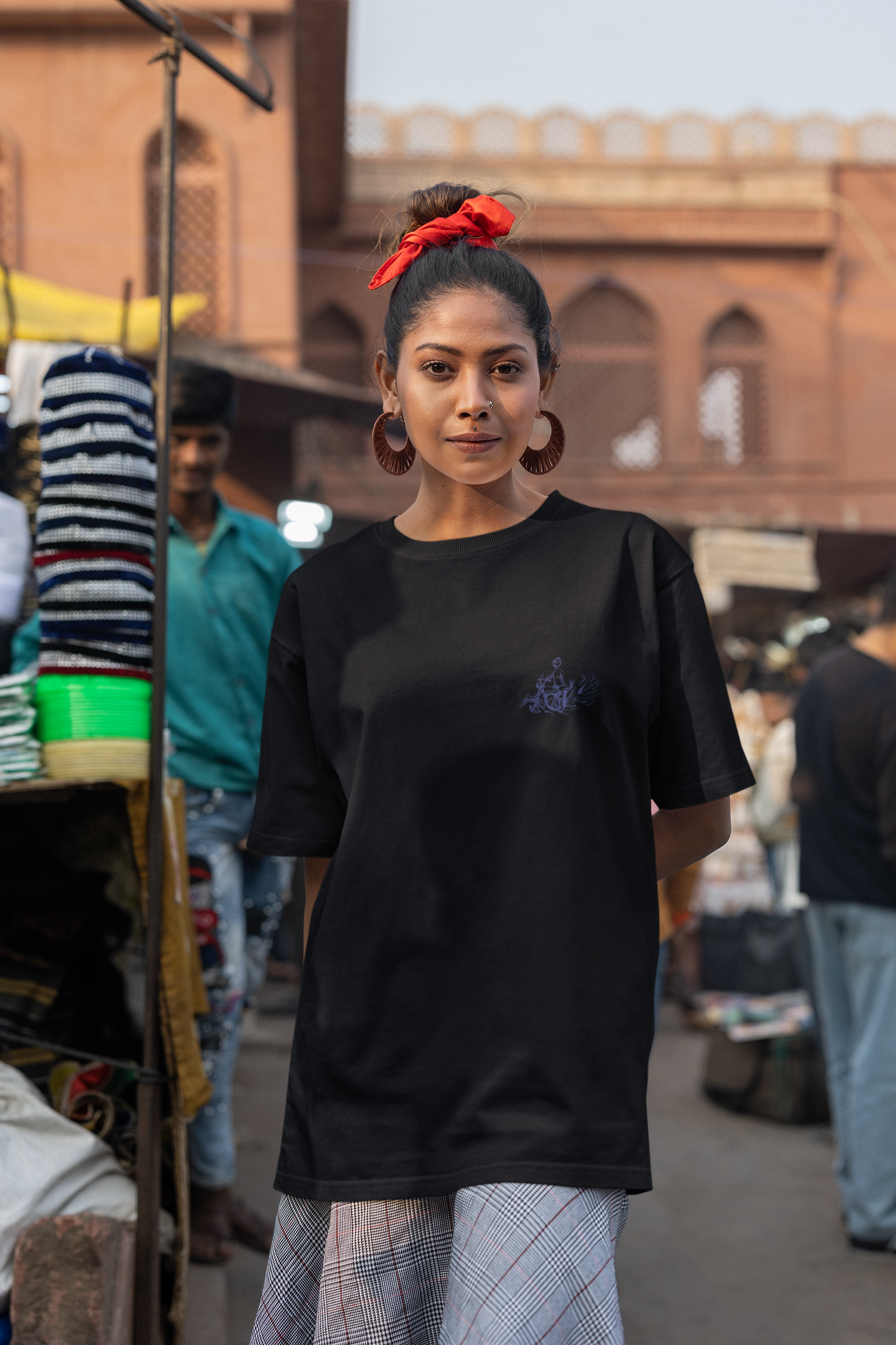 Blue Line-Style Embroidery Design of a Woman Riding a Stylized MotorcycleUnisex Oversized Classic T-Shirt