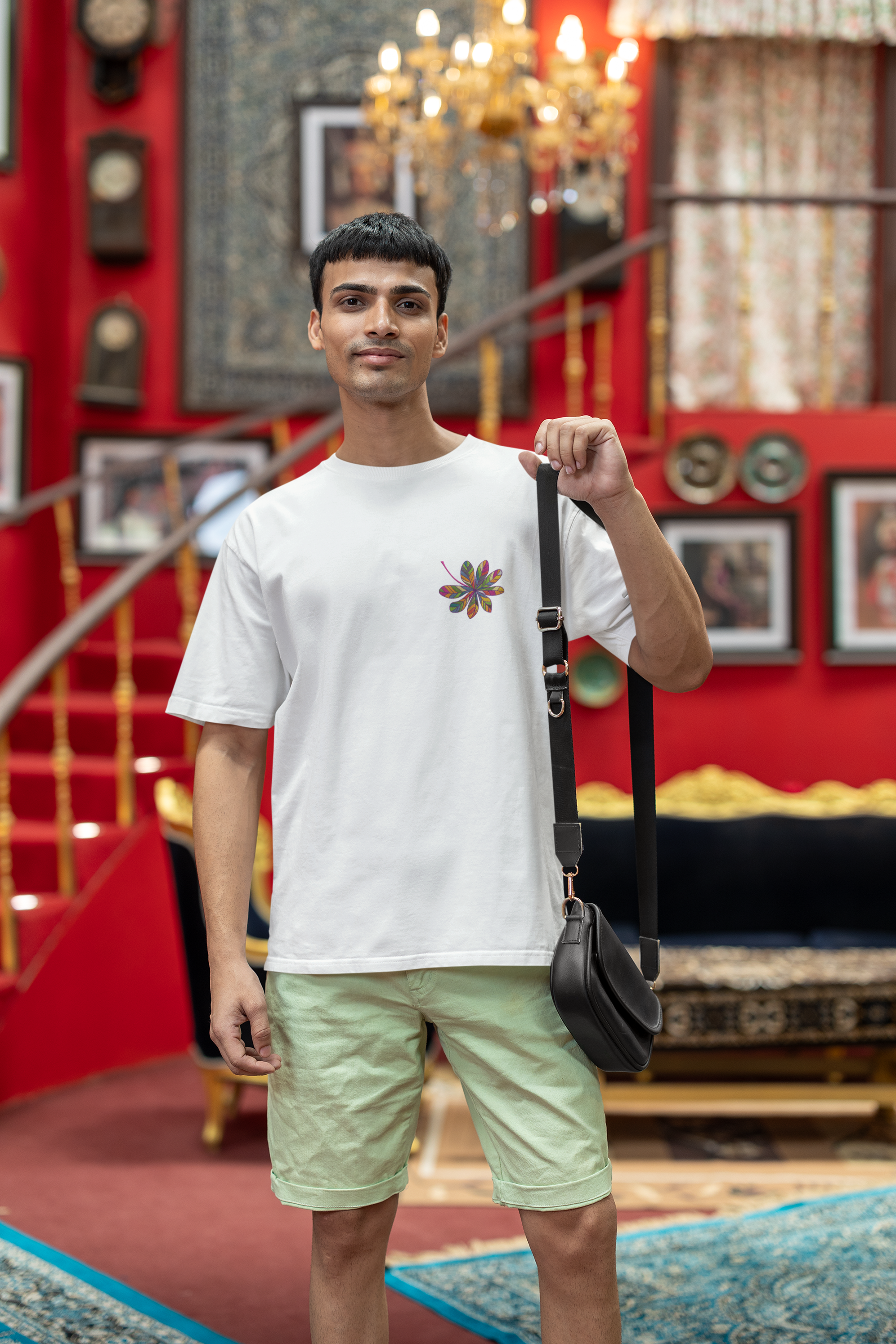 Stylized Leaf Composed of Multicolored Segments Unisex Oversized Classic T-Shirt