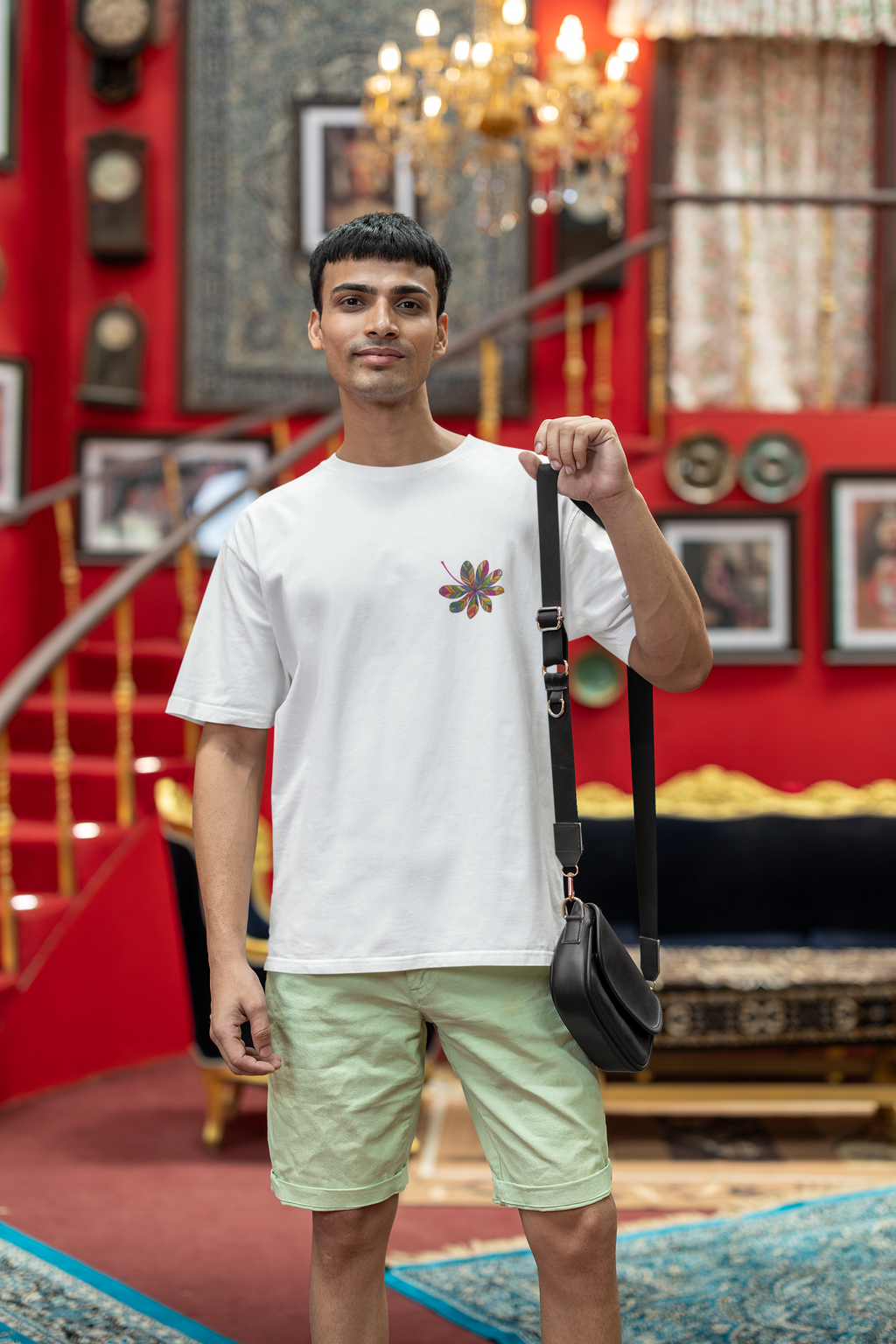 Stylized Leaf Composed of Multicolored Segments Unisex Oversized Classic T-Shirt