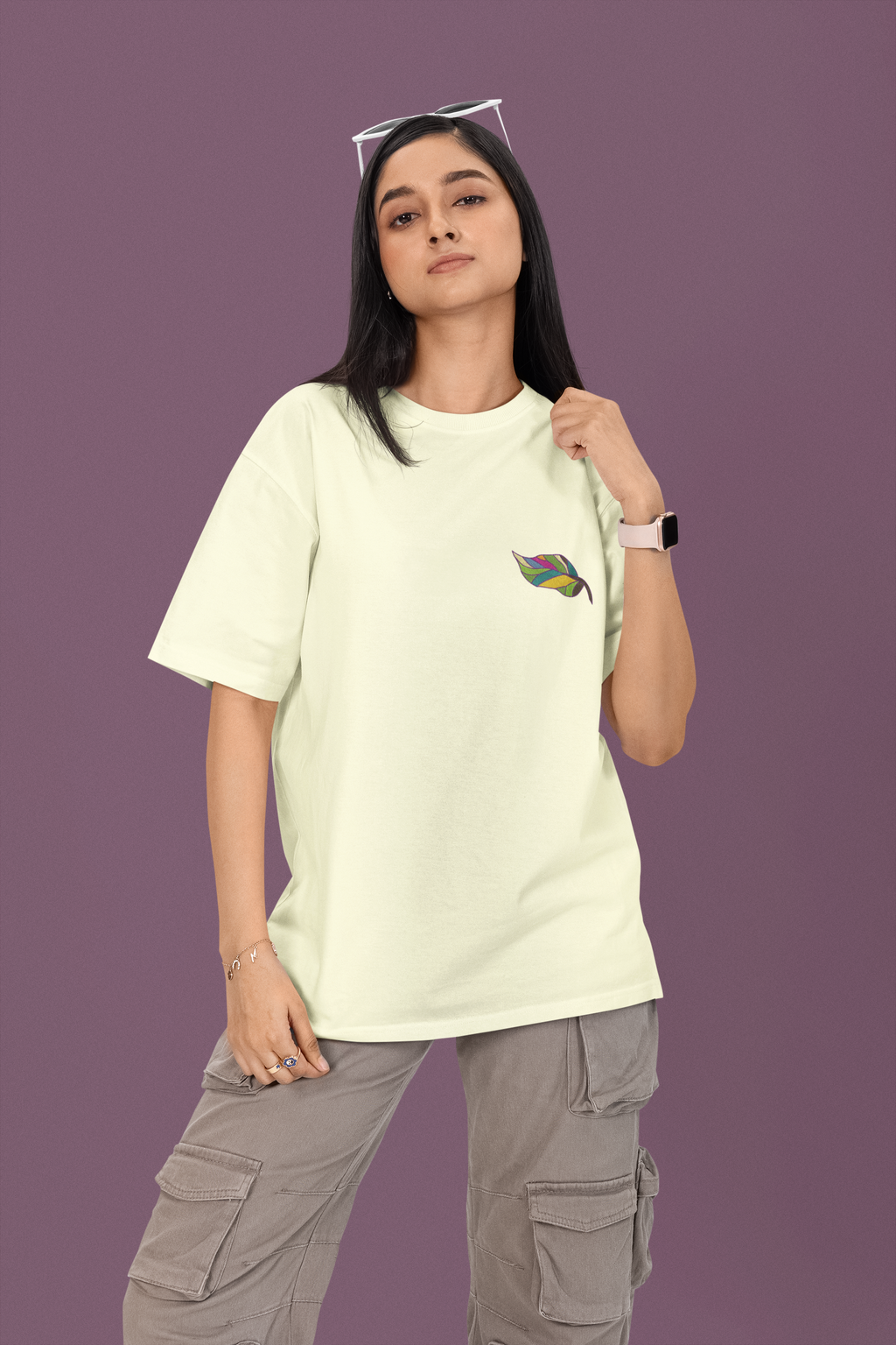 Vibrant Embroidered Leaf Design Unisex Oversized Classic T-Shirt