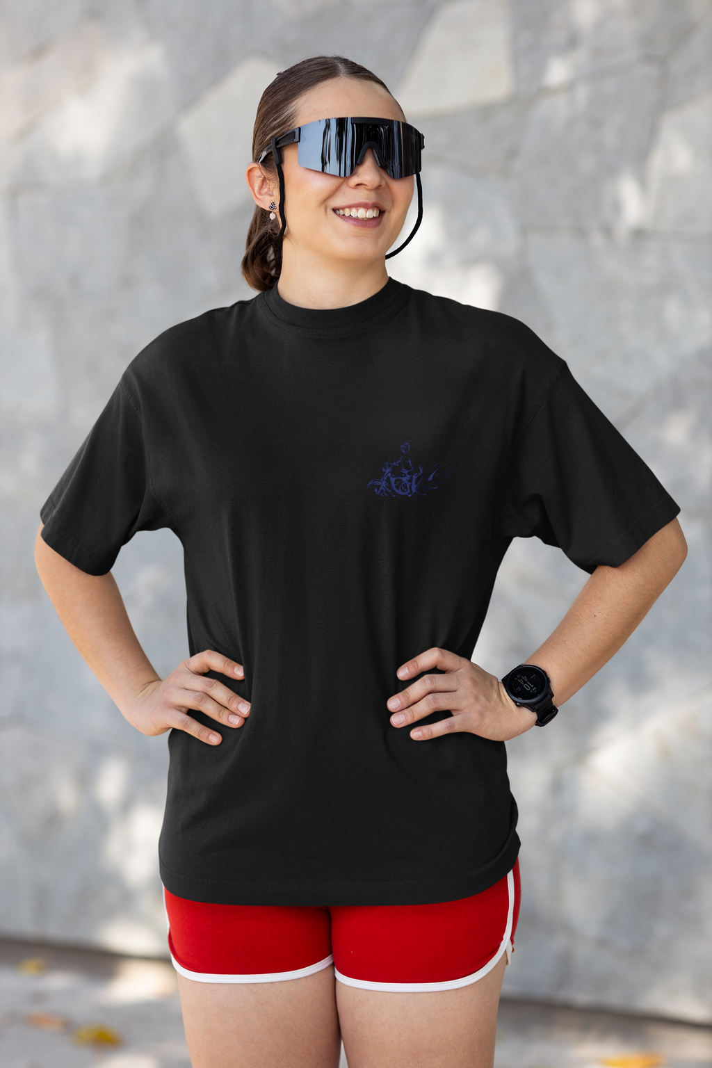 Blue Line-Style Embroidery Design of a Woman Riding a Stylized MotorcycleUnisex Oversized Classic T-Shirt