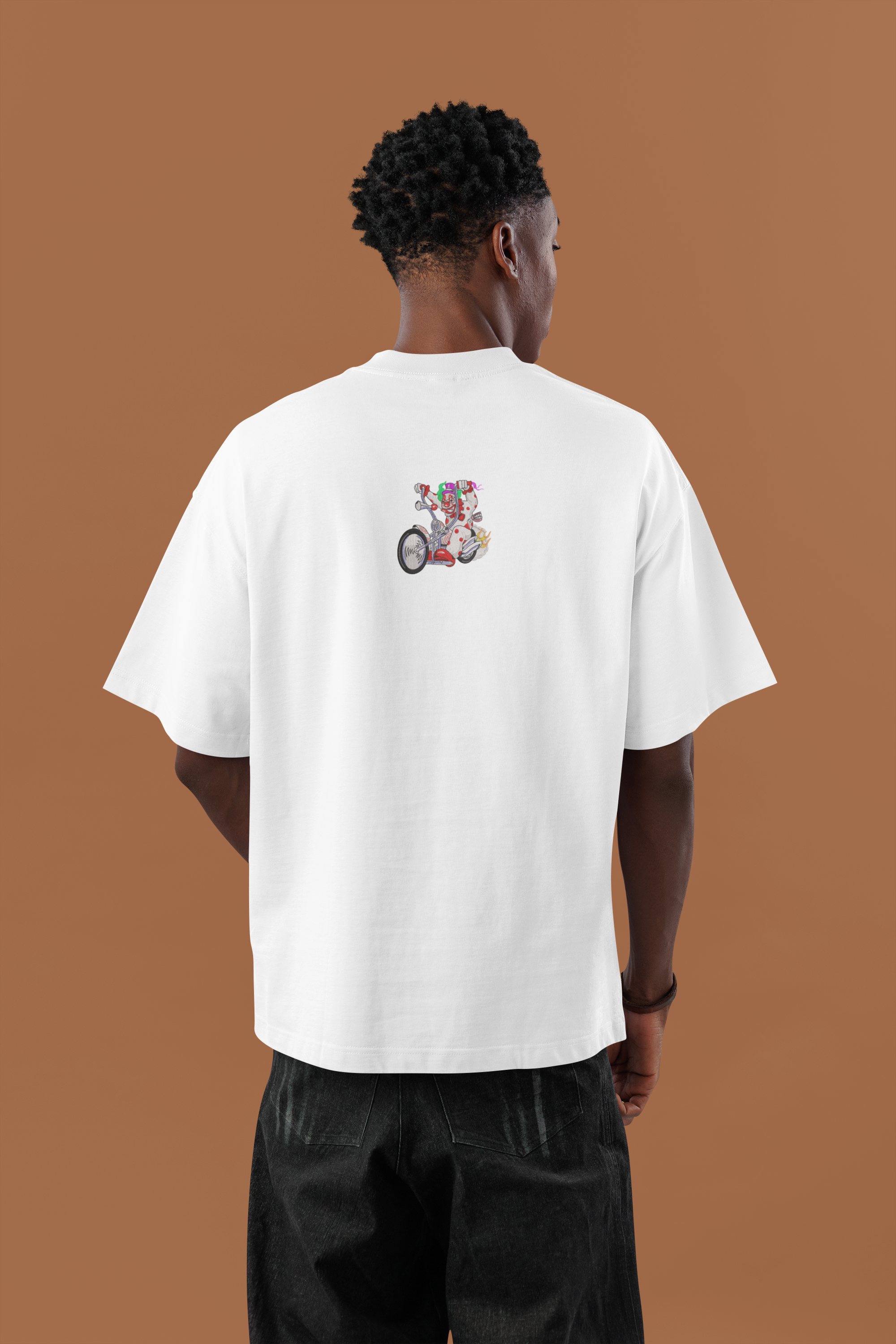Energetic Clown Riding a Chopper-Style Motorcycle Unisex Oversized Classic T-Shirt