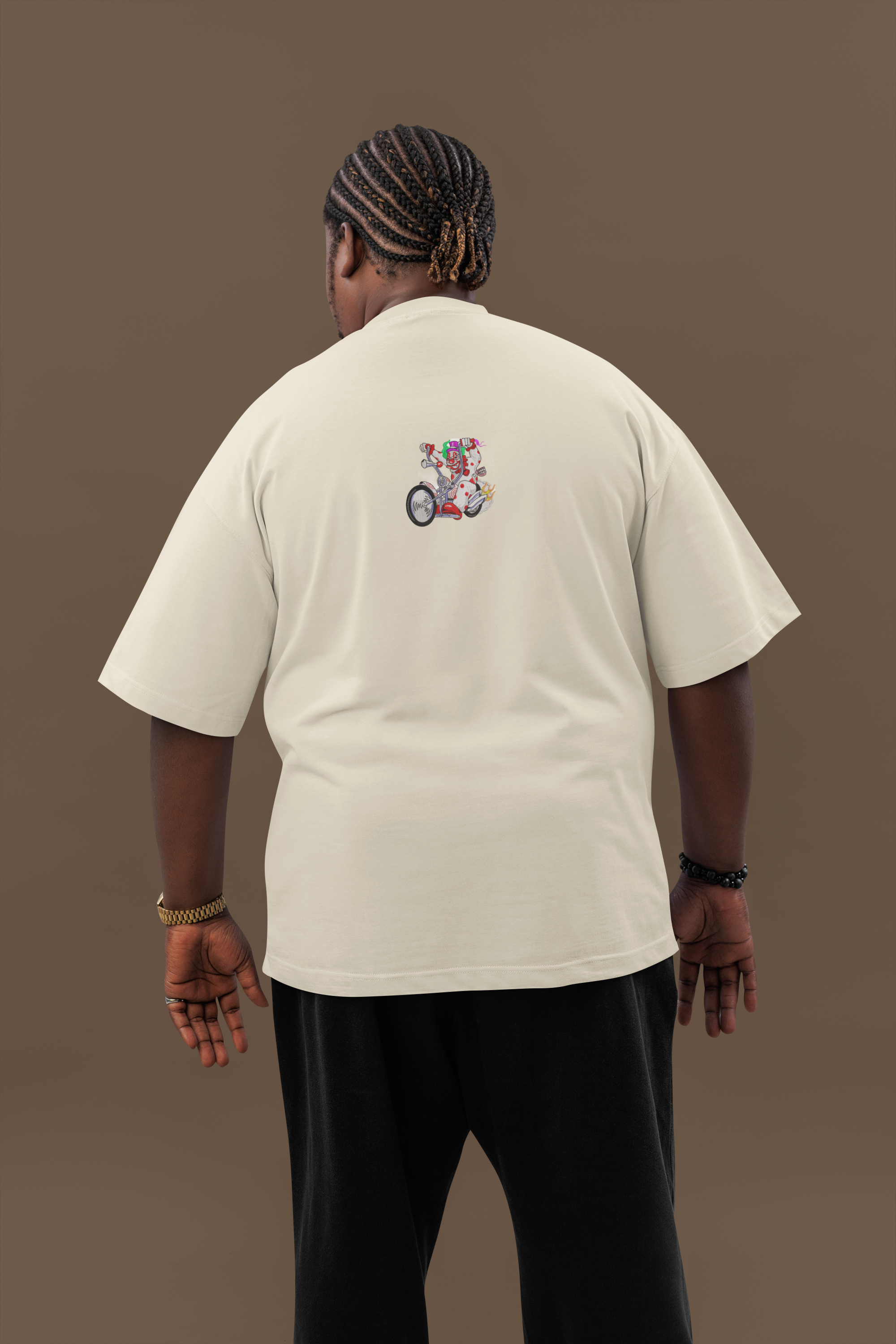 Energetic Clown Riding a Chopper-Style Motorcycle Unisex Oversized Classic T-Shirt