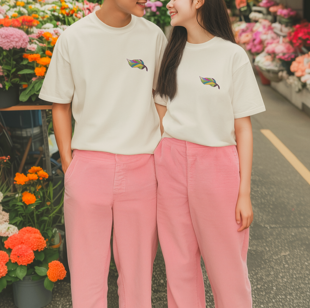 Vibrant Embroidered Leaf Design Unisex Oversized Classic T-Shirt