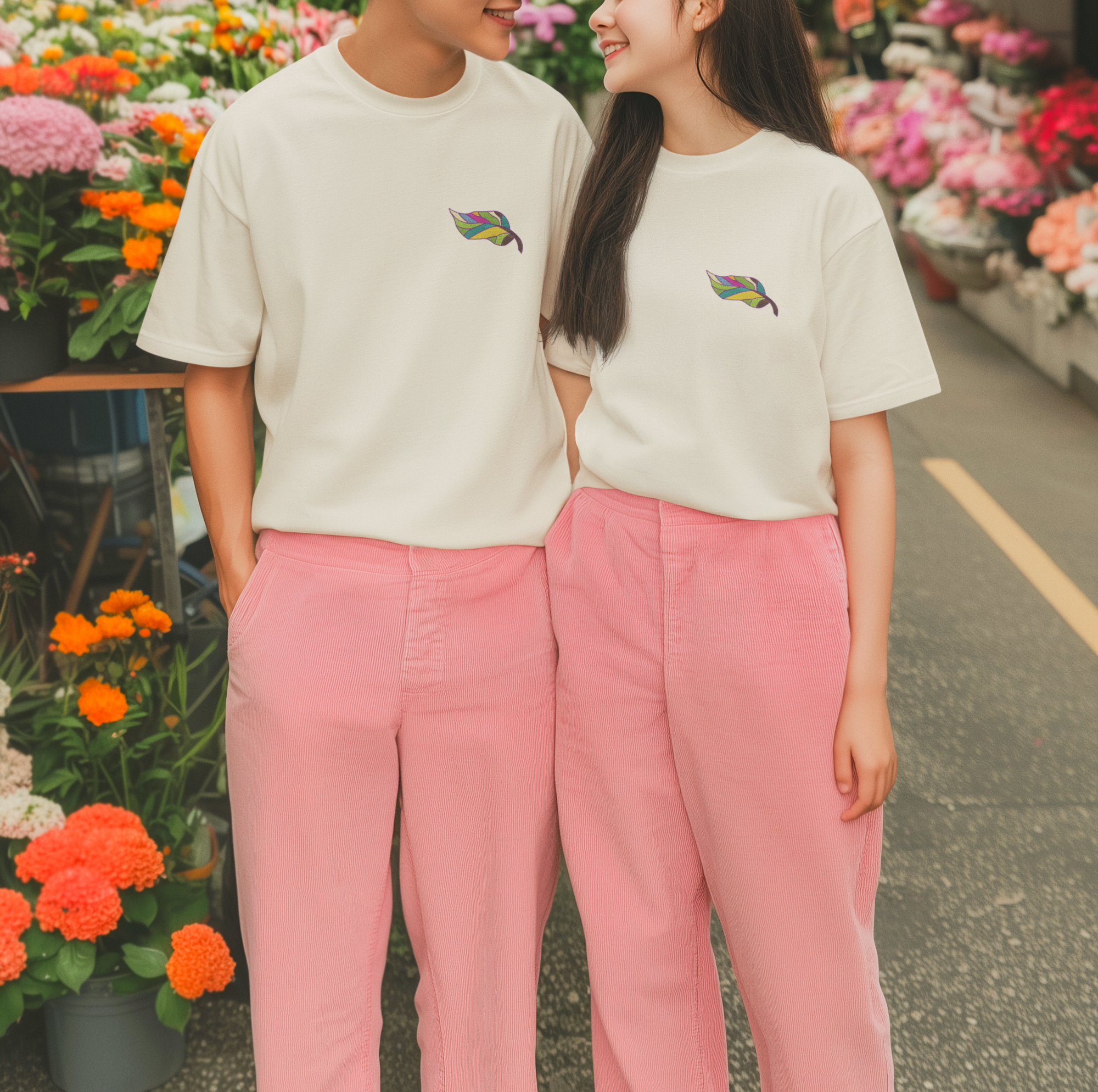 Vibrant Embroidered Leaf Design Unisex Oversized Classic T-Shirt