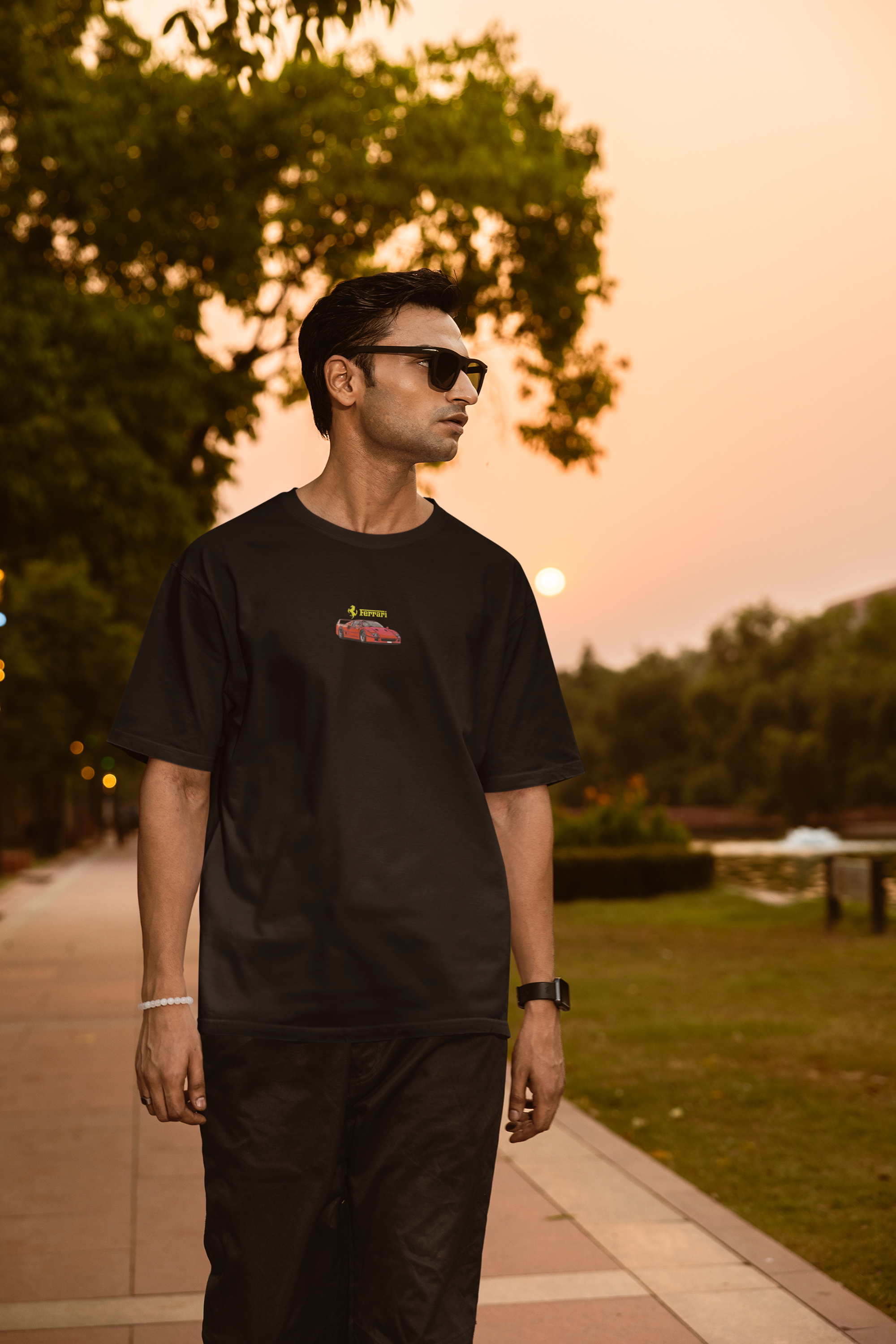 Red Ferrari Car Embroided Oversized Street Tee