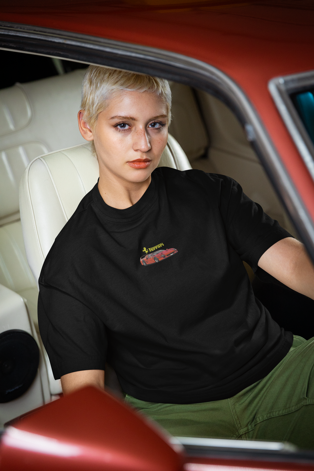 Red Ferrari Car Embroided Oversized Street Tee