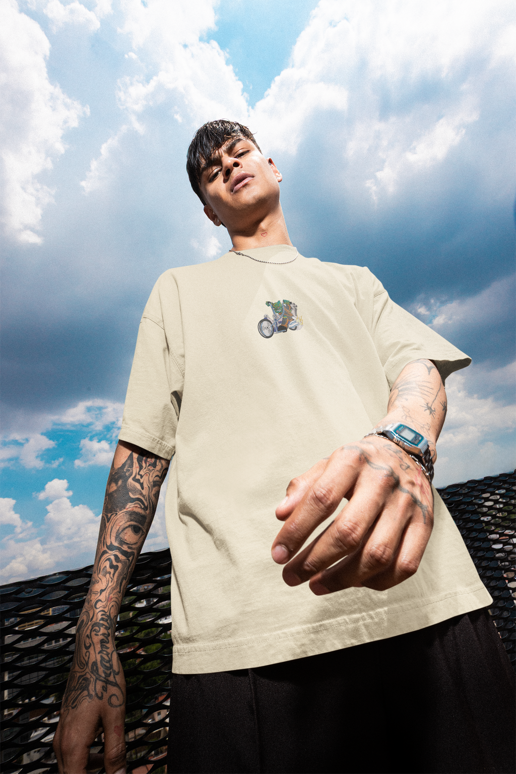 Fierce Green Monster Riding a Chopper-Style Motorcycle Unisex Terry Oversized Tee