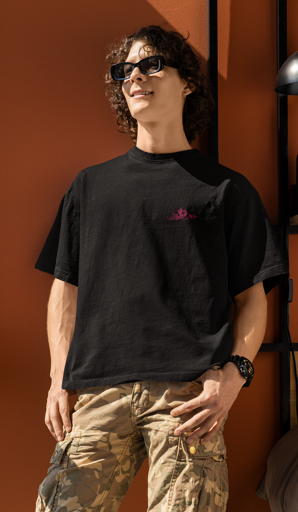 Monochrome Pink Embroidery Design of a Biker Riding a Chopper-Style MotorcycleUnisex Oversized Classic T-Shirt